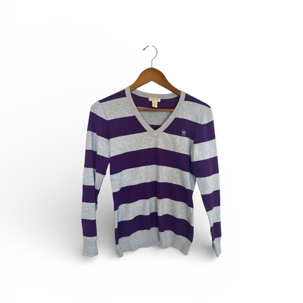 U.S. Polo Assn. Sport Sweater Women’s Medium Purple Gray Rugby Stripe Preppy - Picture 3 of 10